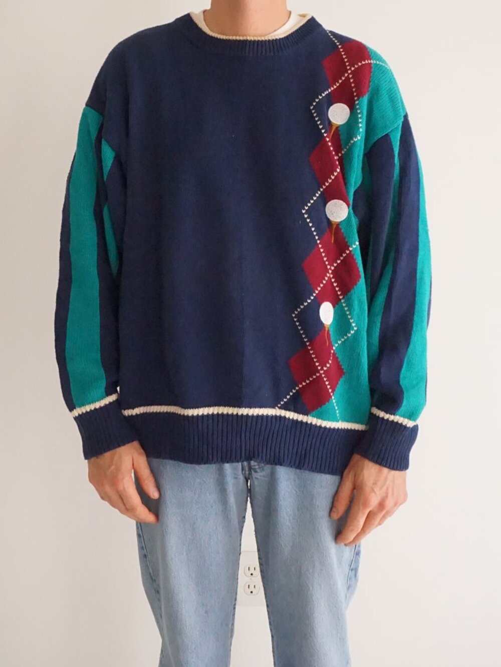 Vintage Par Four Navy Teal Red Argyle Golf Ball Tee Cotton Blend Knit Sweater XL